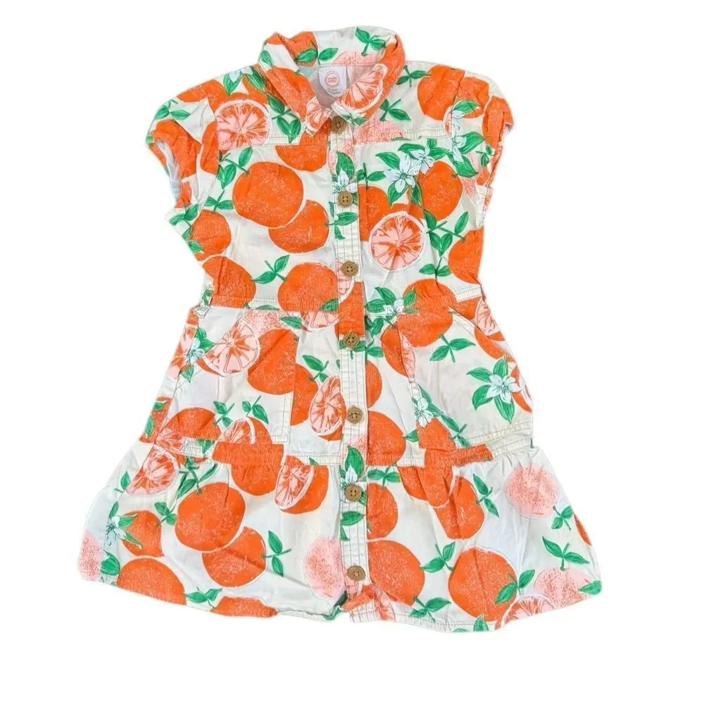 Wonder Nation Girls' Orange Citrus Print Button-down Dress w/ Pockets Size 4-5